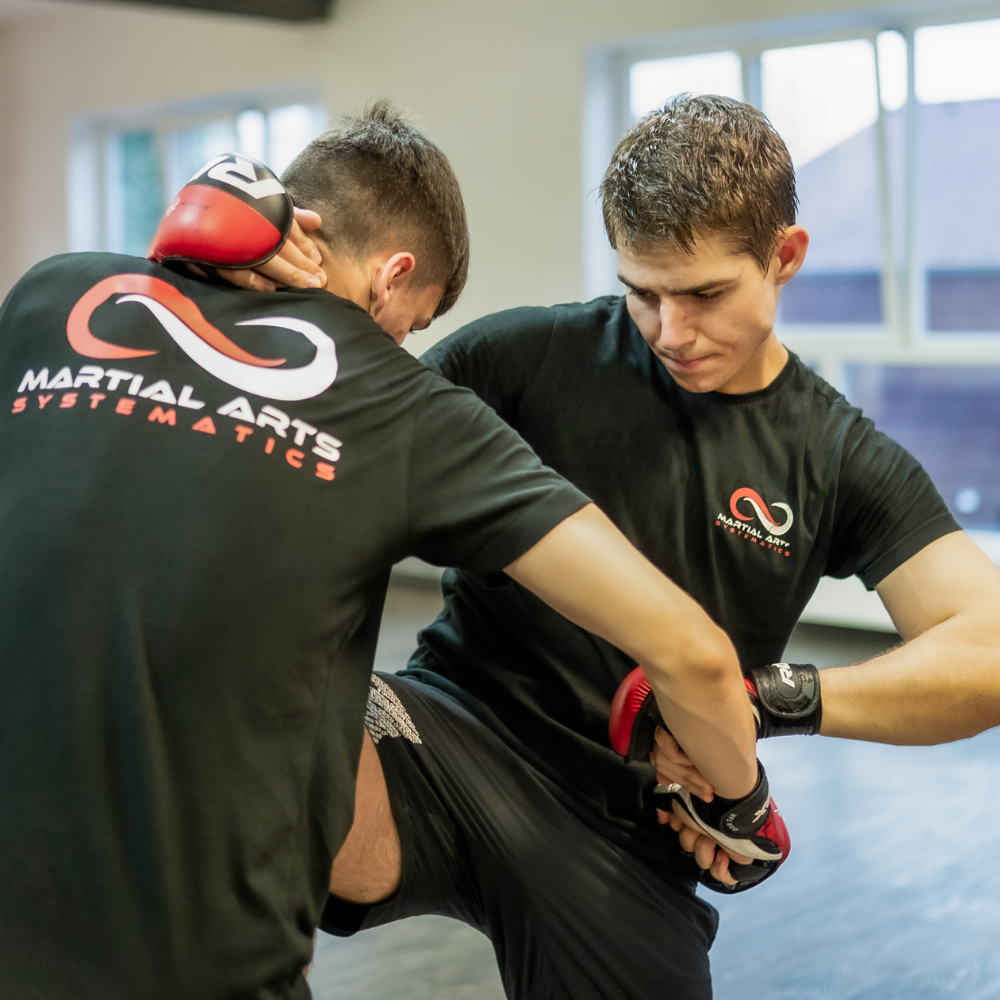 Kampfkunst – Clinchtechniken bei Martial Arts Systematics Zwei Teilnehmer üben Clinchtechniken während eines Kampfkunsttrainings bei Martial Arts Systematics Graz