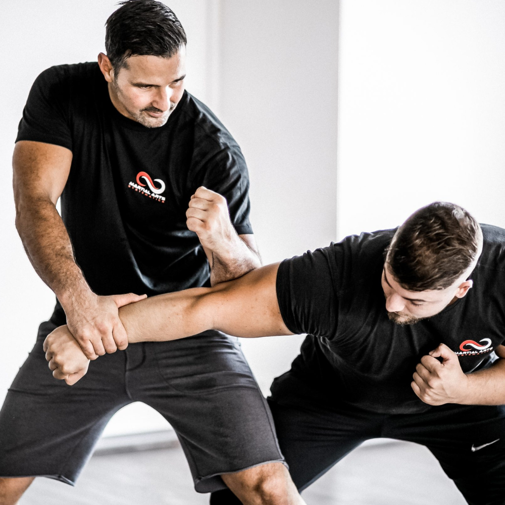 Selbstverteidigung – Hebeltechniken mit Mag. Andreas Brandstätter Mag. Andreas Brandstätter zeigt Hebeltechnik an einem Teilnehmer während des Trainings der Erwachsenenklasse bei Martial Arts Systematics Graz